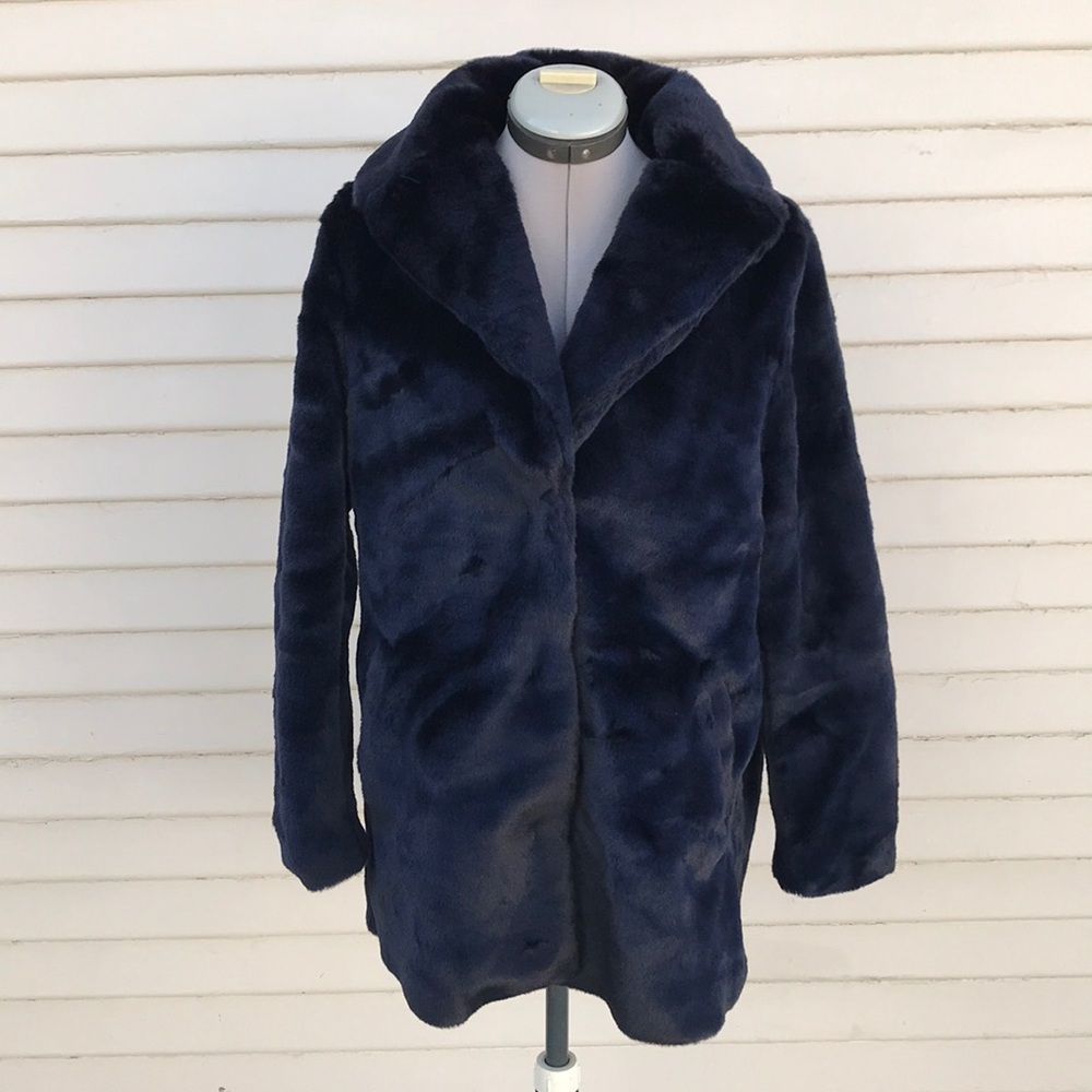 H&M navy blue faux fur jacket coat - Picture 2 of 8